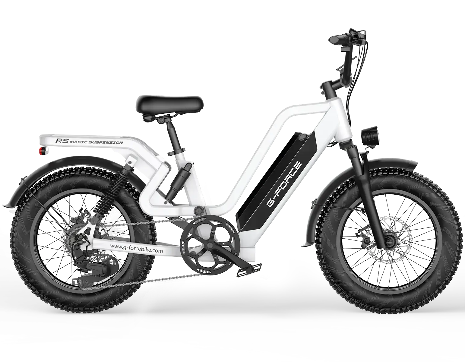 Front view of the G-force RS ST step-thru white electric bike, showcasing an ergonomic design that enhances comfort and riding ease, featuring a 750W motor and fat tires, perfect for commuting and travel.