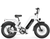 Front view of the G-force RS ST step-thru white electric bike, with a 750W motor and fat tires, ideal for commuting and travel. 